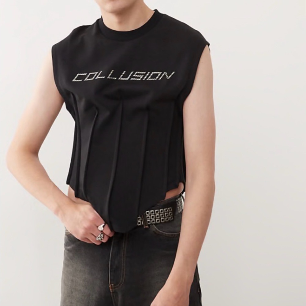COLLUSION corset shrunken black sweat tank with metal branding in black